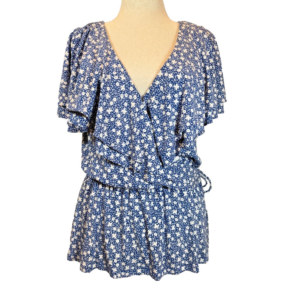 Lauren Ralph Lauren Knit Top L Blue Floral Cape Flutter Sleeve Side Tie Stretch
